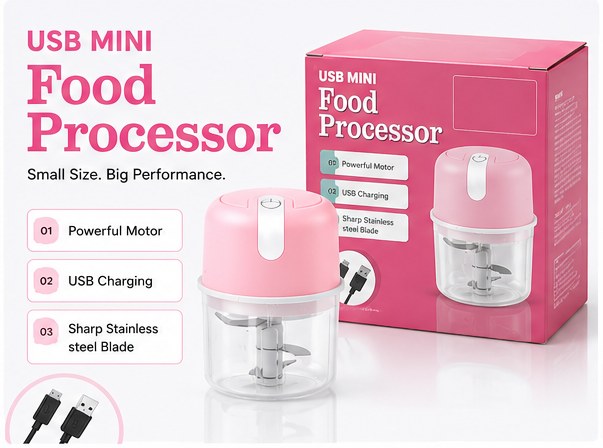 Product advertisement for a USB mini food processor with features and specifications.