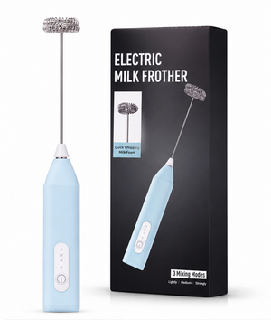 Electric milk frother with packaging, usage examples, and product details.