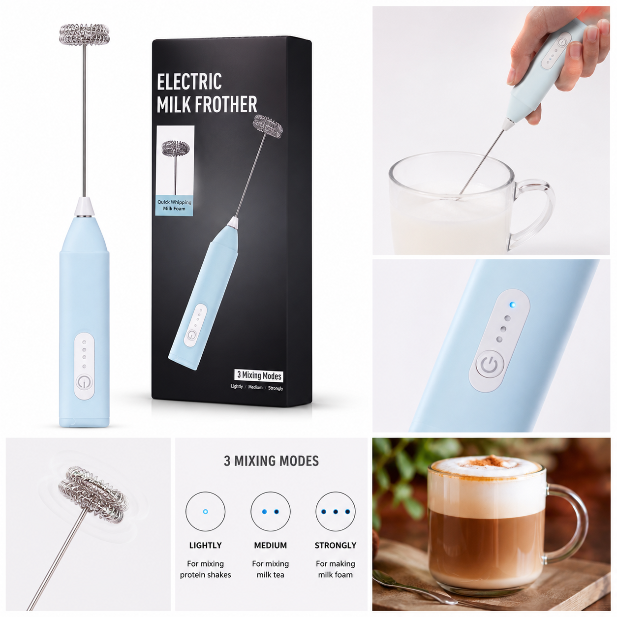 Electric milk frother with packaging, usage examples, and product details.