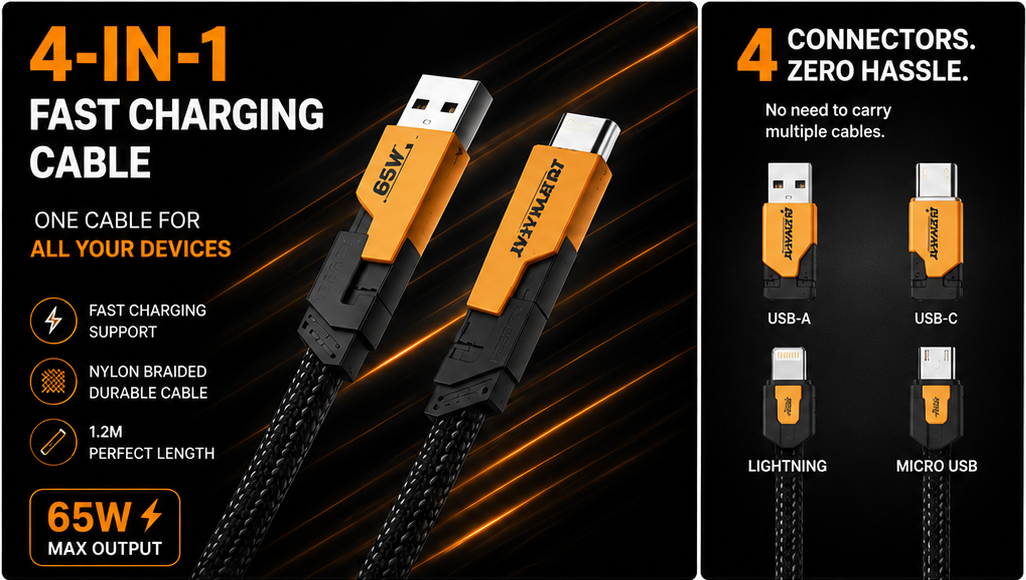 Promotional image of a 4-in-1 fast charging cable with features and benefits highlighted.