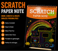 Promotional image of a scratch paper note product with features and specifications.