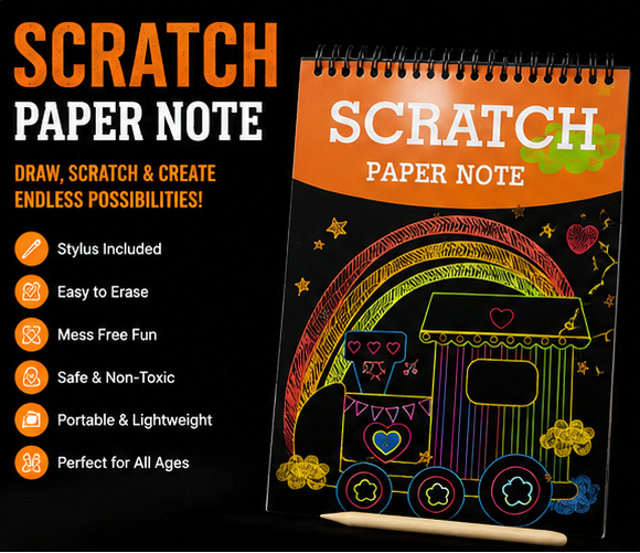 Promotional image of a scratch paper note product with features and specifications.