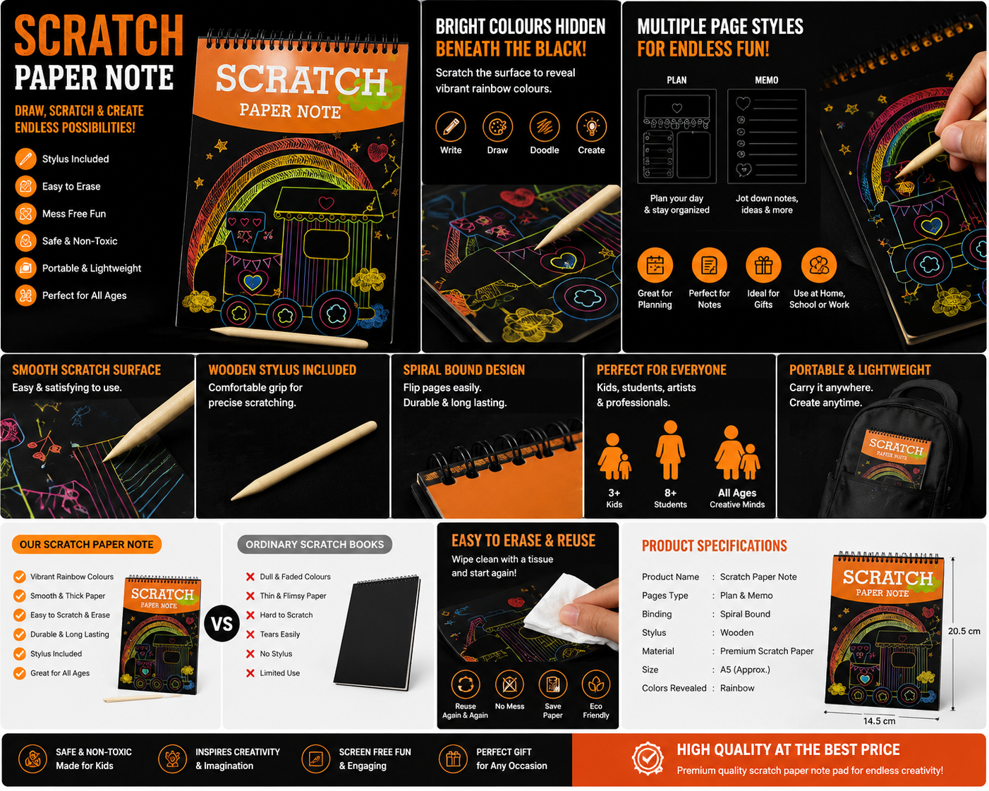 Promotional image of a scratch paper note product with features and specifications.