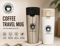 Coffee travel mug with features and specifications on a white background