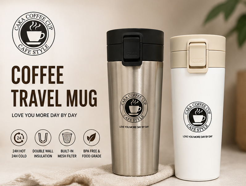 Coffee travel mug with features and specifications on a white background