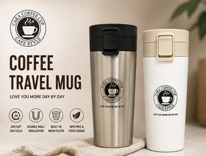 Coffee travel mug with features and specifications on a white background