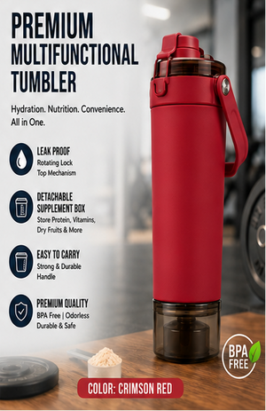 A 2x3 grid showing six insulated tumblers labeled 'PREMIUM MULTIFUNCTIONAL TUMBLER' with feature callouts and color names. The tumblers are shown in different colors: black, slate grey, royal blue, white, sage grey, and crimson red, each on a wooden surface against a white background.