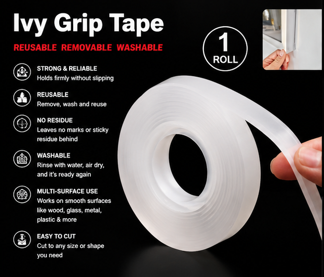 Ivy Grip Tape product packaging with usage examples and features.