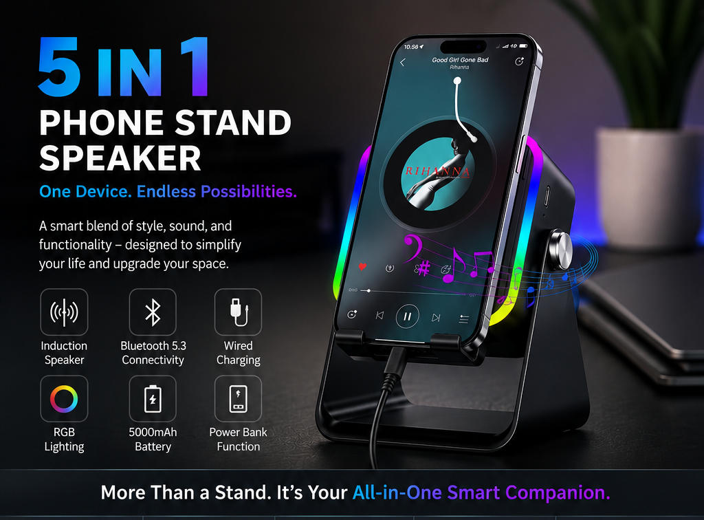5-in-1 Phone Stand Speaker with RGB Light & Power Bank