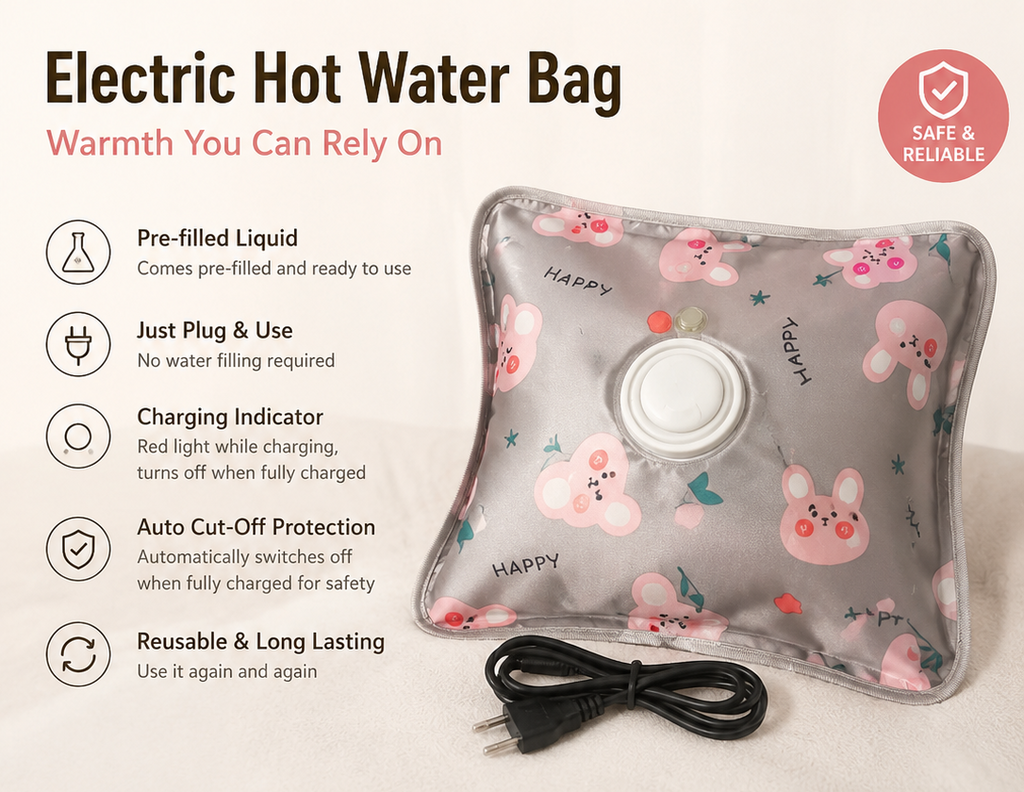 Electric hot water bag with floral design and safety features on a white background