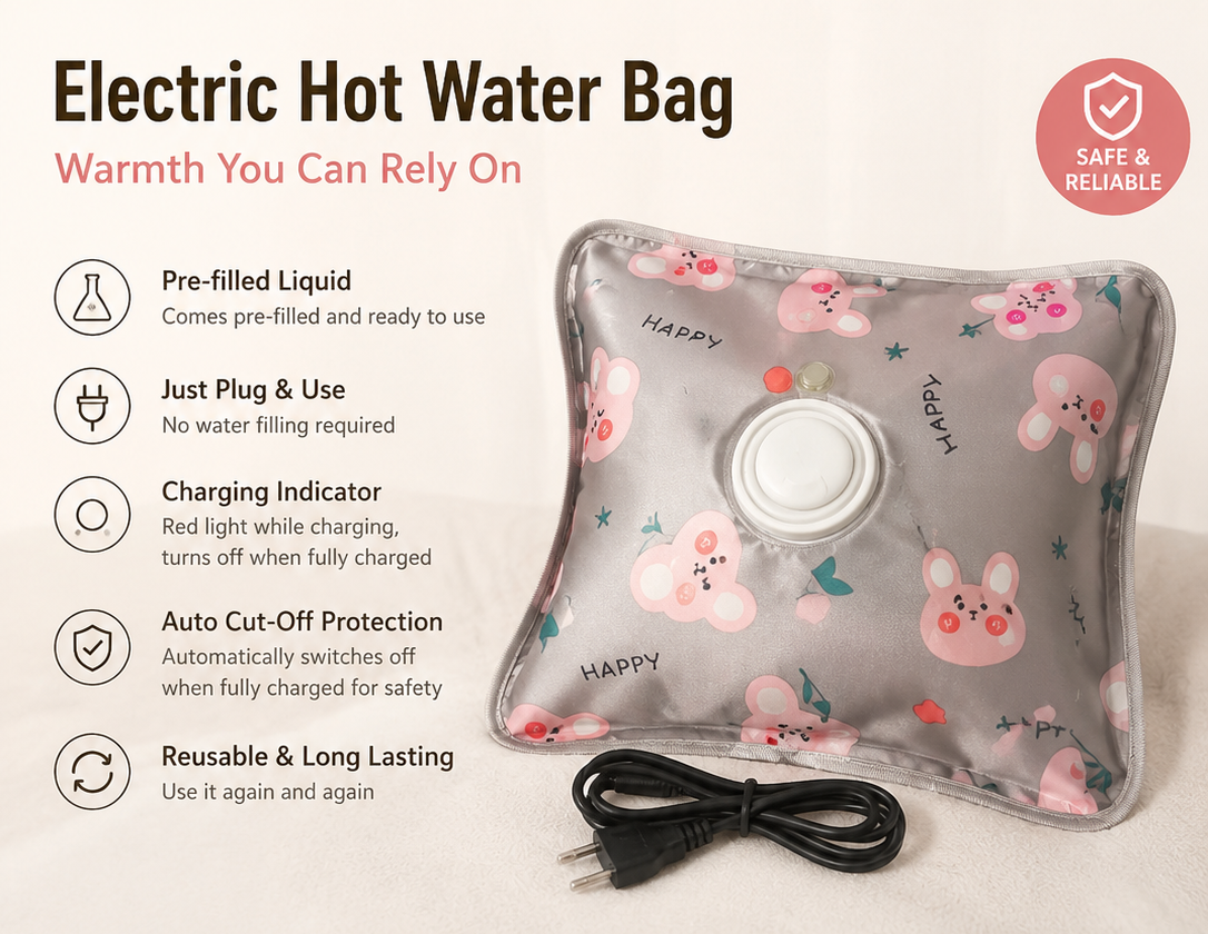 Electric hot water bag with floral design and safety features on a white background