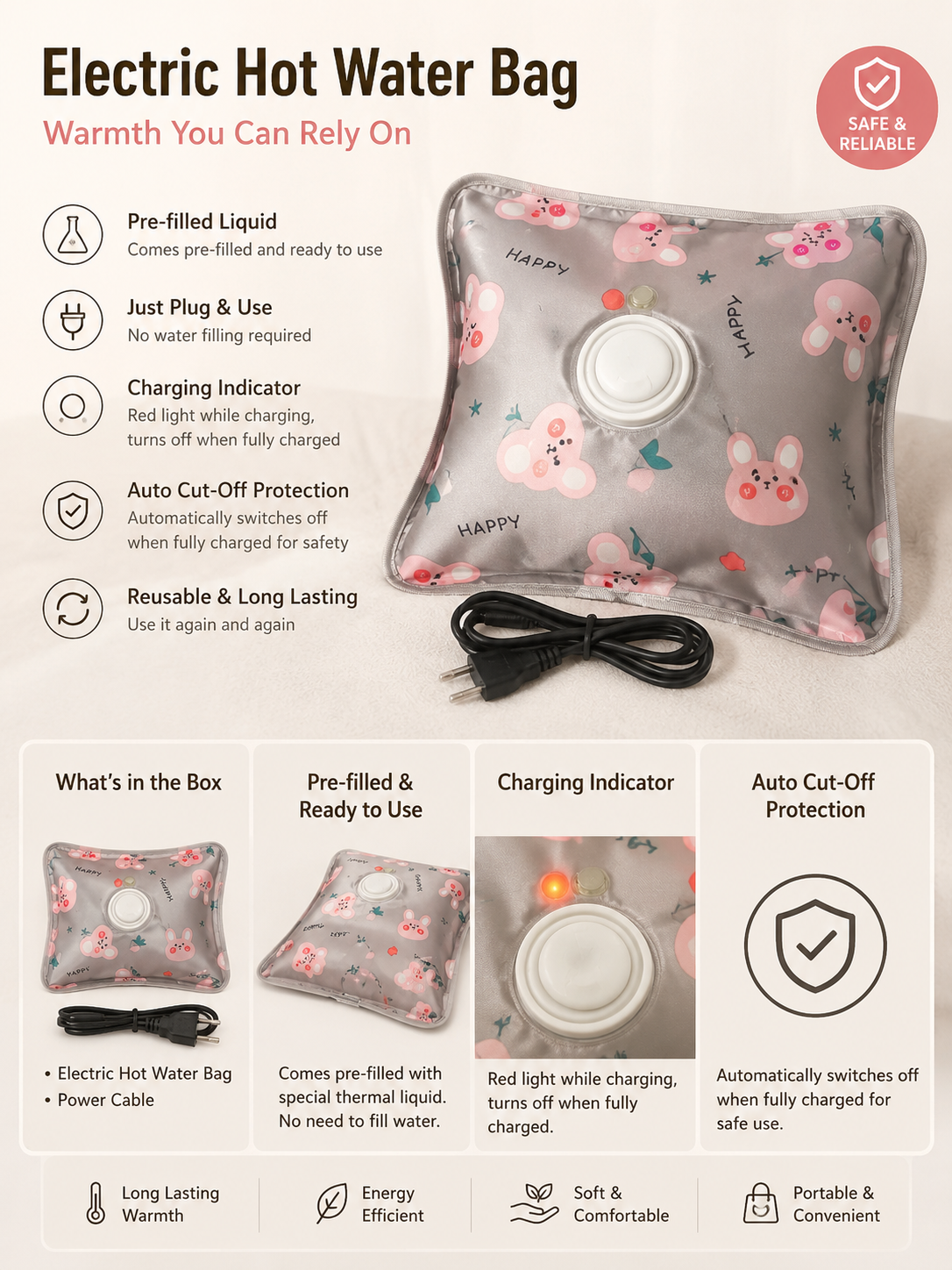 Electric hot water bag with floral design and safety features on a white background