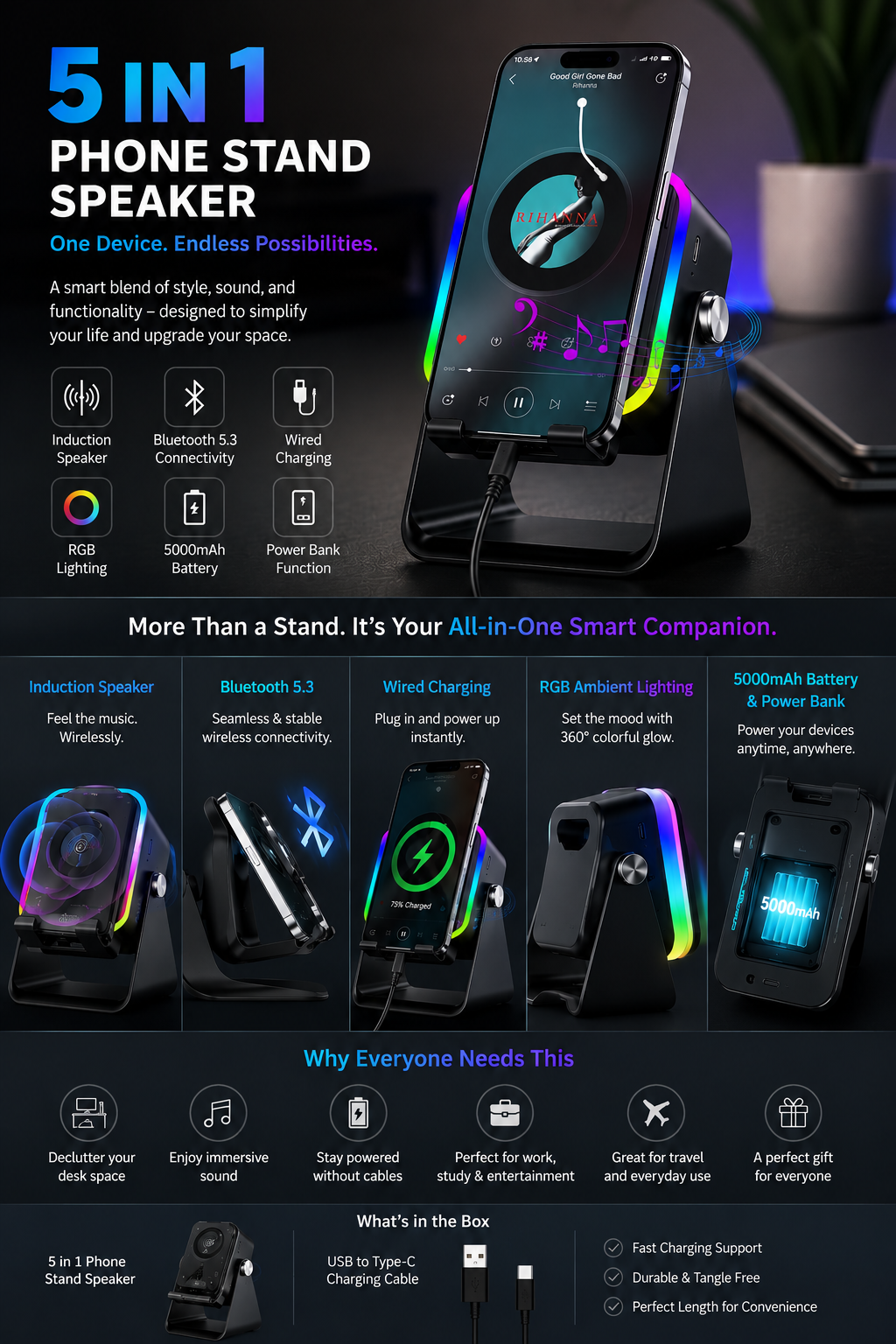 5-in-1 Phone Stand Speaker with RGB Light & Power Bank