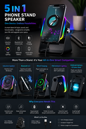 5-in-1 Phone Stand Speaker with RGB Light & Power Bank
