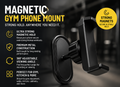 Magnetic gym phone mount with features and usage scenarios on a dark background