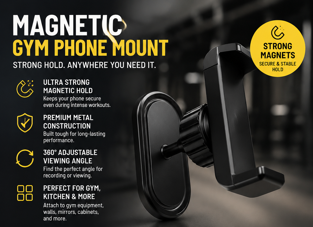 Magnetic gym phone mount with features and usage scenarios on a dark background