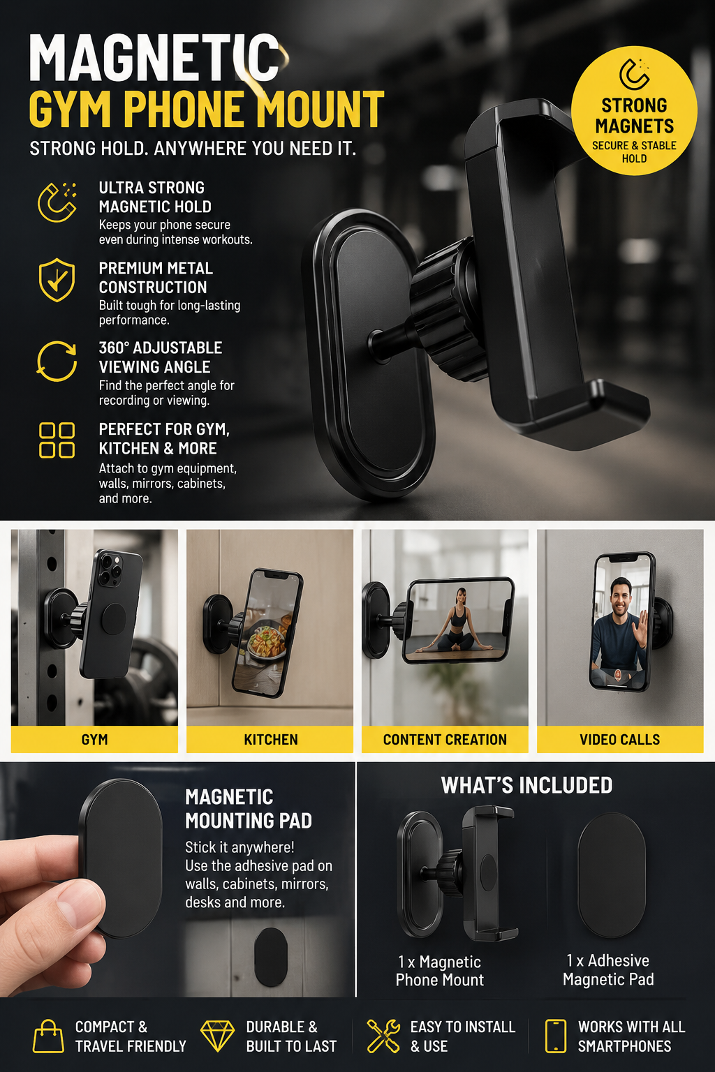 Magnetic gym phone mount with features and usage scenarios on a dark background