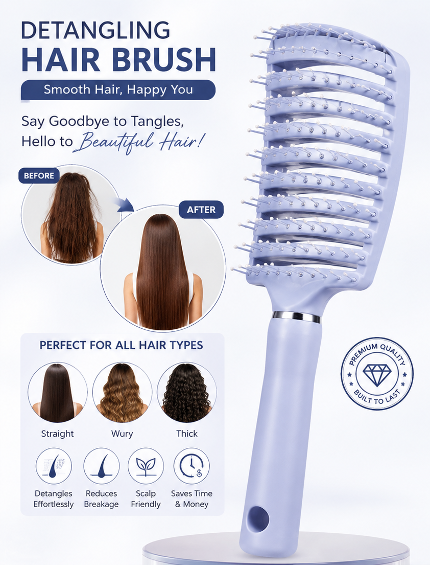 Detangling hair brush with features and benefits on a blue background
