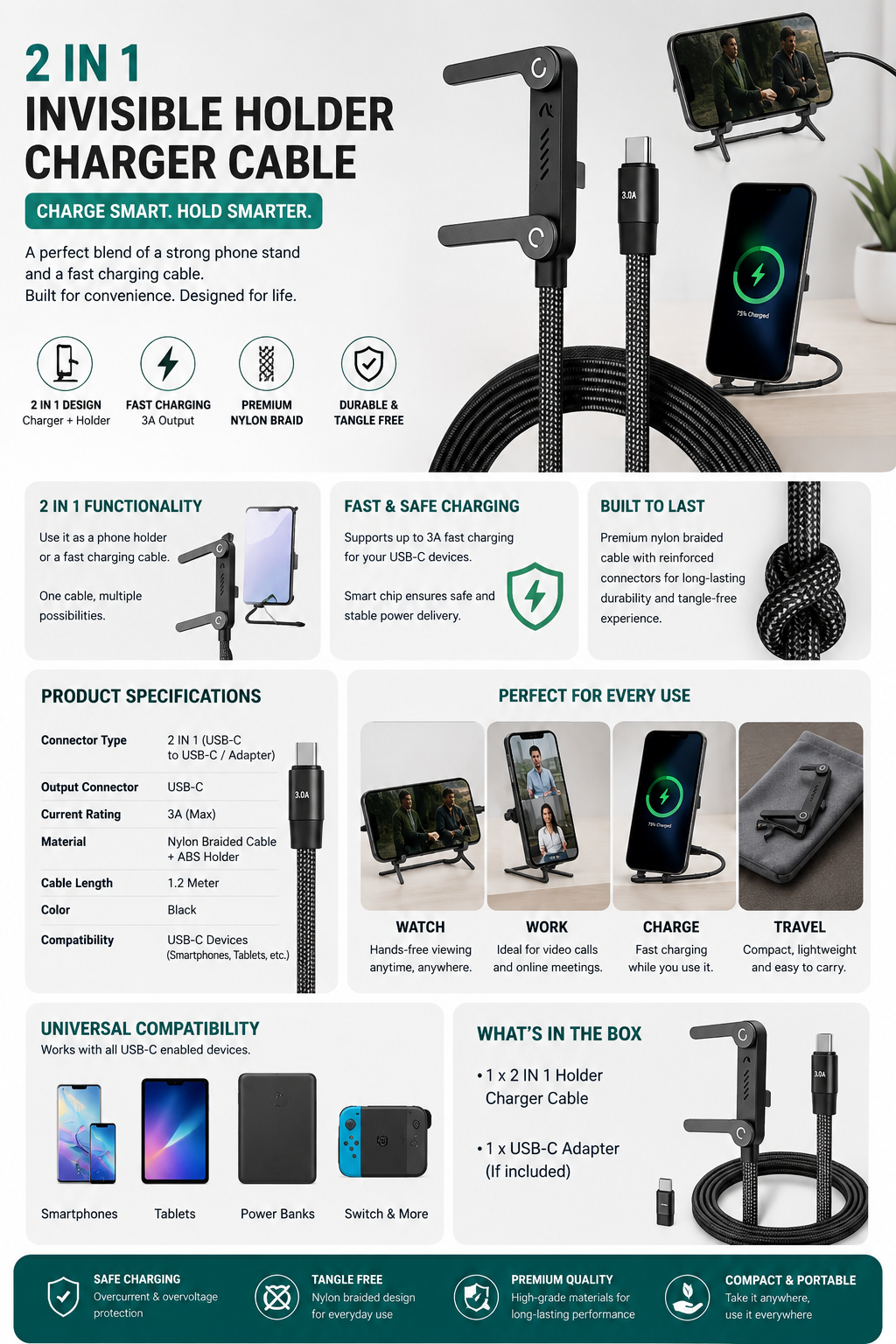 Product advertisement for an invisible holder charger cable with specifications and features.