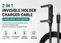 Product advertisement for an invisible holder charger cable with specifications and features.