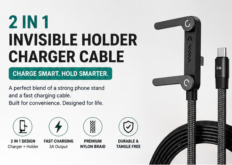 Product advertisement for an invisible holder charger cable with specifications and features.