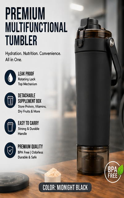 A 2x3 grid showing six insulated tumblers labeled 'PREMIUM MULTIFUNCTIONAL TUMBLER' with feature callouts and color names. The tumblers are shown in different colors: black, slate grey, royal blue, white, sage grey, and crimson red, each on a wooden surface against a white background.