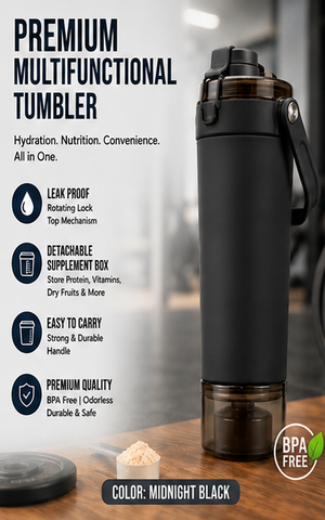 A 2x3 grid showing six insulated tumblers labeled 'PREMIUM MULTIFUNCTIONAL TUMBLER' with feature callouts and color names. The tumblers are shown in different colors: black, slate grey, royal blue, white, sage grey, and crimson red, each on a wooden surface against a white background.