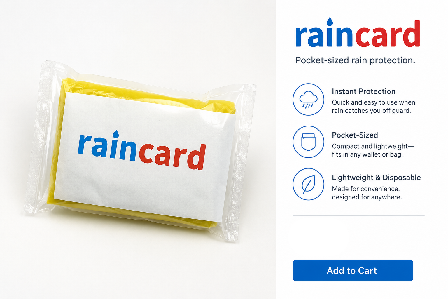 Packaged raincard with product details and pricing on a white background