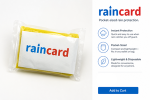 Packaged raincard with product details and pricing on a white background