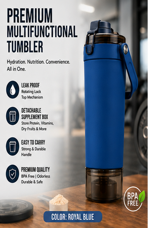 A 2x3 grid showing six insulated tumblers labeled 'PREMIUM MULTIFUNCTIONAL TUMBLER' with feature callouts and color names. The tumblers are shown in different colors: black, slate grey, royal blue, white, sage grey, and crimson red, each on a wooden surface against a white background.