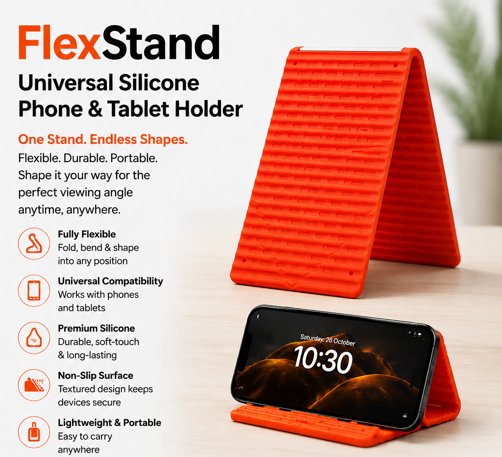 Orange FlexStand universal silicone phone and tablet holder with features listed on a white background.