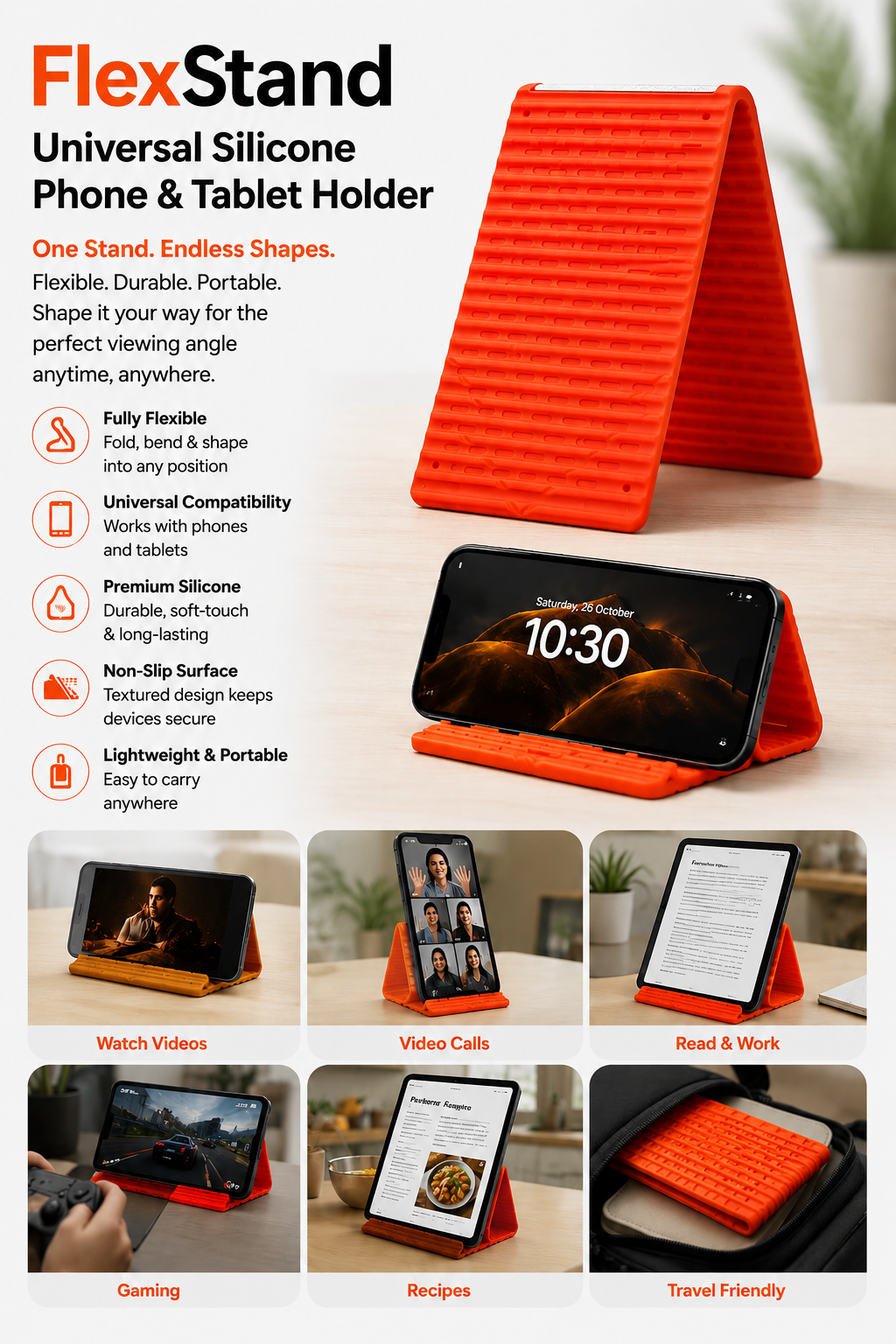Orange FlexStand universal silicone phone and tablet holder with features listed on a white background.