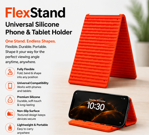 Orange FlexStand universal silicone phone and tablet holder with features listed on a white background.
