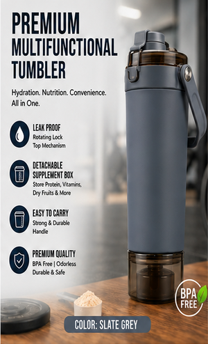 A 2x3 grid showing six insulated tumblers labeled 'PREMIUM MULTIFUNCTIONAL TUMBLER' with feature callouts and color names. The tumblers are shown in different colors: black, slate grey, royal blue, white, sage grey, and crimson red, each on a wooden surface against a white background.