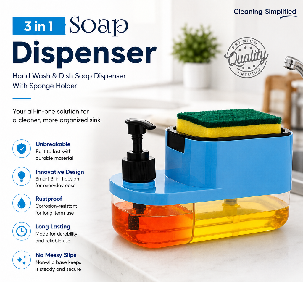3-in-1 soap dispenser with sponge holder on a white countertop