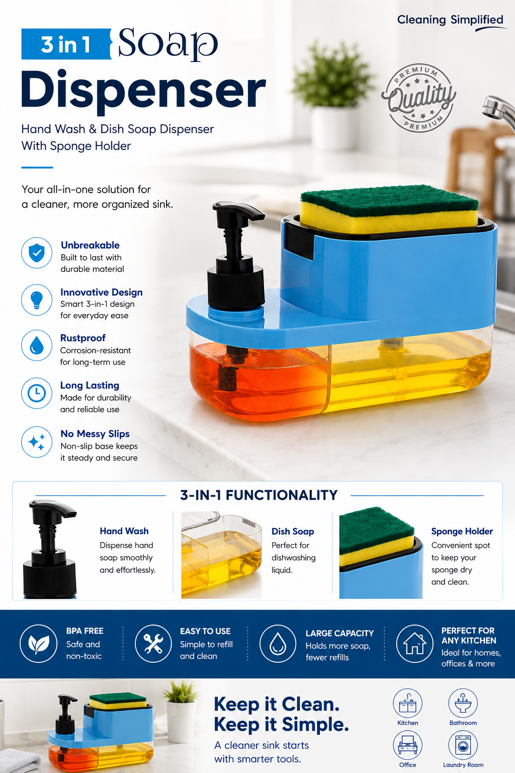 3-in-1 soap dispenser with sponge holder on a white countertop