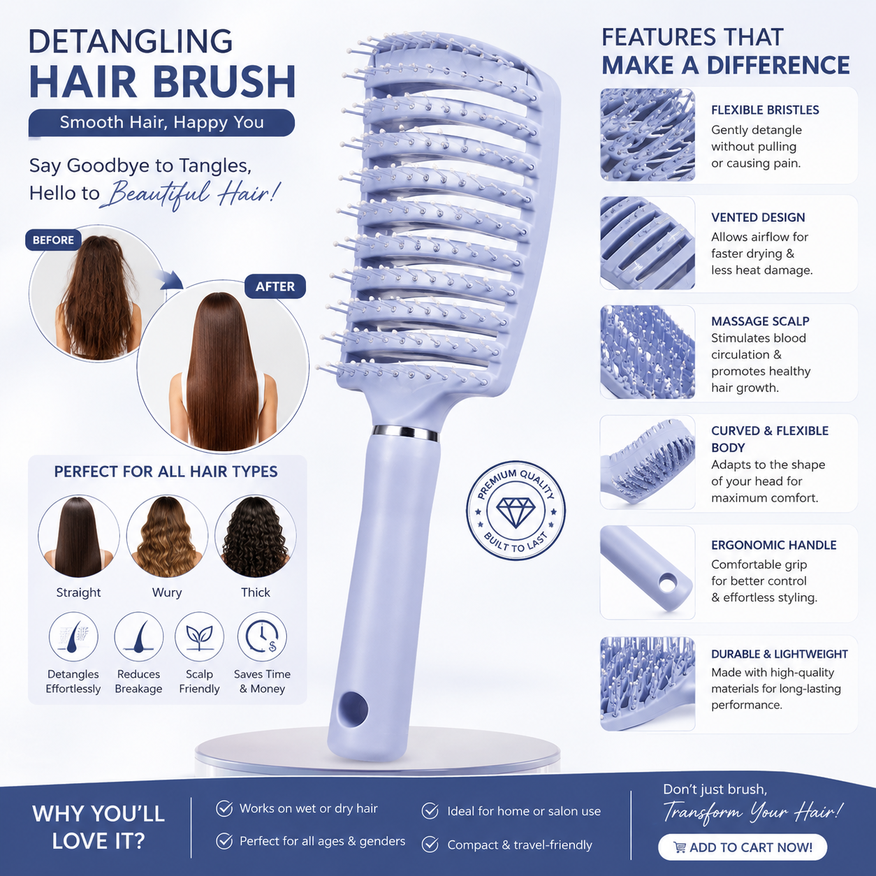 Detangling hair brush with features and benefits on a blue background