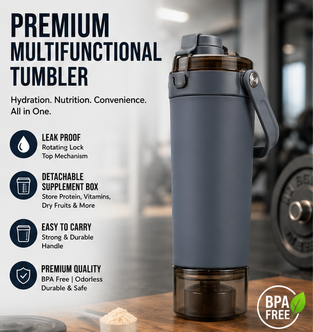 An infographic-style product presentation of a premium multifunctional tumblers bottle in slate grey, showing the bottle, its detachable supplement box, lock mechanism, dimensions, and six attractive color options on a white background.