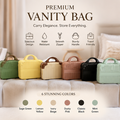 A promotional infographic for a premium vanity bag, showing multiple color options, interior features, dimensions, and usage scenarios. The main product depicted is a beige striped vanity bag with brown handles and trim, shown open and closed in several panels.