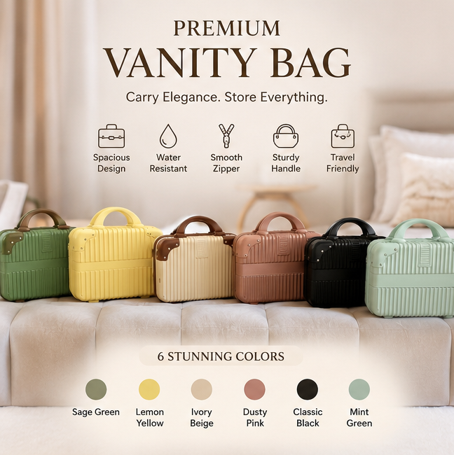 A promotional infographic for a premium vanity bag, showing multiple color options, interior features, dimensions, and usage scenarios. The main product depicted is a beige striped vanity bag with brown handles and trim, shown open and closed in several panels.