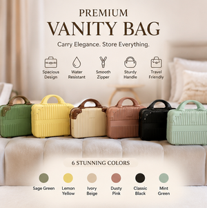 A promotional infographic for a premium vanity bag, showing multiple color options, interior features, dimensions, and usage scenarios. The main product depicted is a beige striped vanity bag with brown handles and trim, shown open and closed in several panels.